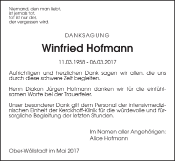 Traueranzeige von Winfried Hofmann von Wetterauer Zeitung, Wetterauer Zeitung