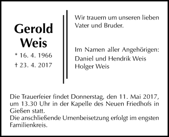 Traueranzeige von Gerold Weis von Giessener Allgemeine, Alsfelder Allgemeine