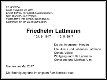 Traueranzeige von Friedhelm Lattmann von Giessener Allgemeine, Alsfelder Allgemeine
