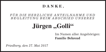 Traueranzeige von Jürgen Behrend von Wetterauer Zeitung, Wetterauer Zeitung