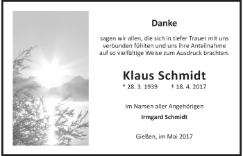 Traueranzeige von Klaus Schmidt von Giessener Allgemeine, Alsfelder Allgemeine