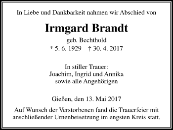 Traueranzeige von Irmgard Brandt von Giessener Allgemeine, Alsfelder Allgemeine