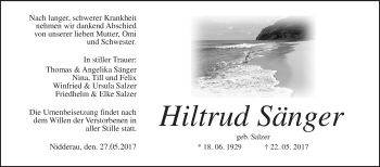 Traueranzeige von Hiltrud Sänger von Wetterauer Zeitung, Wetterauer Zeitung