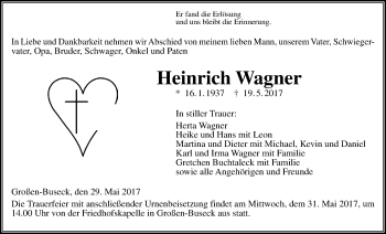 Traueranzeige von Heinrich Wagner von Giessener Allgemeine, Alsfelder Allgemeine