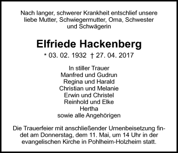 Traueranzeige von Elfriede Hackenberg von Pohlheimer Nachrichten