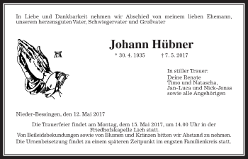 Traueranzeige von Johann Hübner von Giessener Allgemeine, Alsfelder Allgemeine