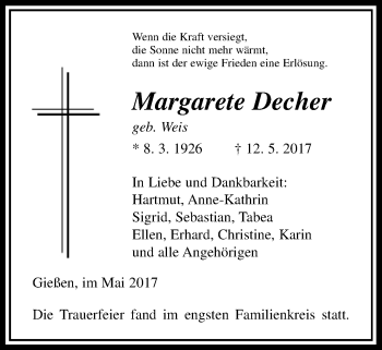 Traueranzeige von Margarete Decher von Giessener Allgemeine, Alsfelder Allgemeine