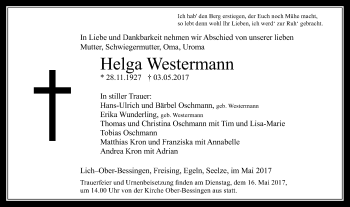 Traueranzeige von Helga Westermann von Licher Wochenblatt, Licher Wochenblatt, Licher Wochenblatt