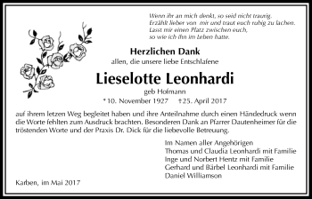 Traueranzeige von Lieselotte Leonhardi von Wetterauer Zeitung, Wetterauer Zeitung