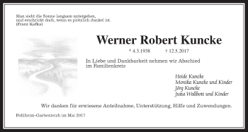 Traueranzeige von Werner Robert Kuncke von Giessener Allgemeine, Alsfelder Allgemeine