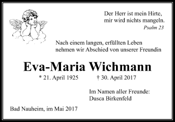 Traueranzeige von Eva-Maria Wichmann von Wetterauer Zeitung, Wetterauer Zeitung