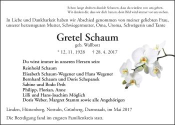 Traueranzeige von Gretel Schaum von Giessener Allgemeine, Alsfelder Allgemeine