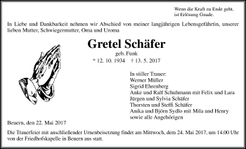 Traueranzeige von Gretel Schäfer von Giessener Allgemeine, Alsfelder Allgemeine