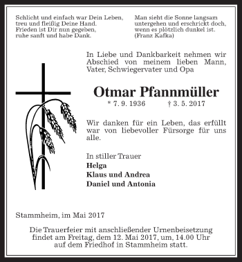 Traueranzeige von Otmar Pfannmüller von Wetterauer Zeitung, Wetterauer Zeitung
