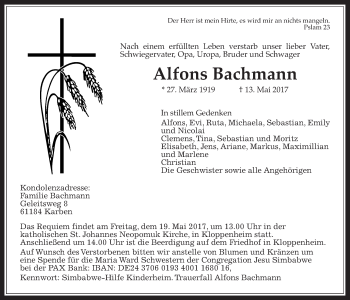 Traueranzeige von Alfons Bachmann von Wetterauer Zeitung, Wetterauer Zeitung