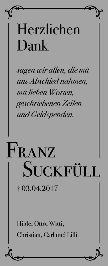 Traueranzeige von Franz Suckfüll von Giessener Allgemeine, Alsfelder Allgemeine