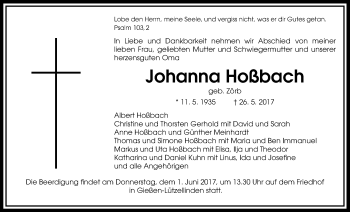 Traueranzeige von Johanna Hoßbach von Giessener Allgemeine, Alsfelder Allgemeine