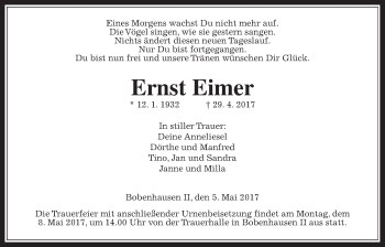 Traueranzeige von Ernst Eimer von Alsfelder Allgemeine