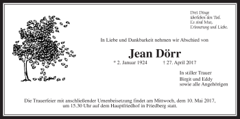 Traueranzeige von Jean Dörr von Wetterauer Zeitung, Wetterauer Zeitung