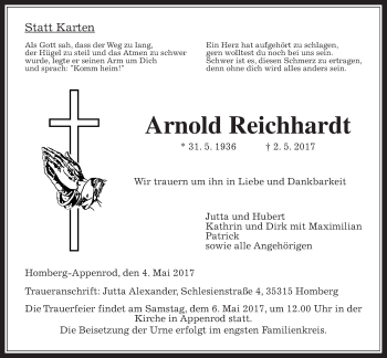 Traueranzeige von Arnold Reichardt von Alsfelder Allgemeine