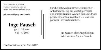Traueranzeige von Inge Pausch von Giessener Allgemeine, Alsfelder Allgemeine