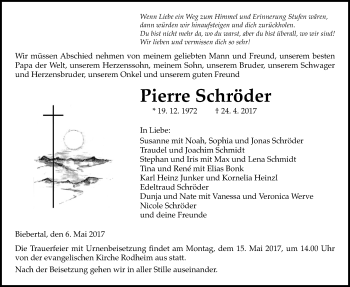 Traueranzeige von Pierre Schröder von Giessener Allgemeine, Alsfelder Allgemeine
