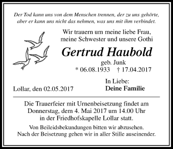 Traueranzeige von Gertrud Haubold von Giessener Allgemeine, Alsfelder Allgemeine