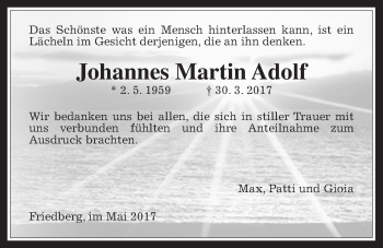 Traueranzeige von Johannes Martin Adolf von Wetterauer Zeitung, Wetterauer Zeitung
