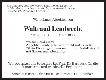 Traueranzeige von Waltraud Lembrecht von Wetterauer Zeitung, Wetterauer Zeitung