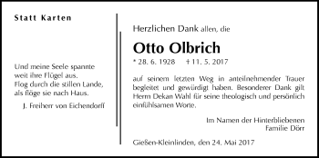 Traueranzeige von Otto Olbrich von Giessener Allgemeine, Alsfelder Allgemeine