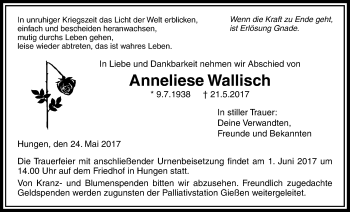 Traueranzeige von Anneliese Wallisch von Licher Wochenblatt, Licher Wochenblatt, Licher Wochenblatt