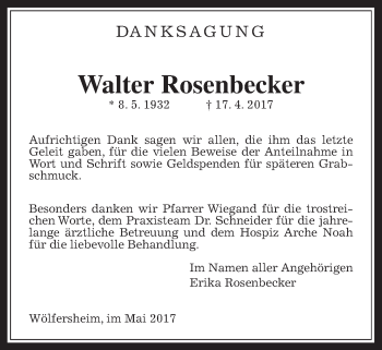 Traueranzeige von Walter Rosenbecker von Wetterauer Zeitung, Wetterauer Zeitung