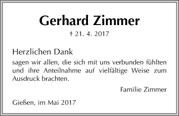 Traueranzeige von Gerhard Zimmer von Giessener Allgemeine, Alsfelder Allgemeine