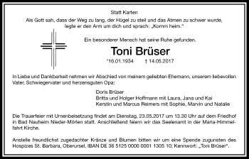 Traueranzeige von Toni Brüser von Wetterauer Zeitung, Wetterauer Zeitung