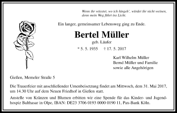 Traueranzeige von Bertel Müller von Giessener Allgemeine, Alsfelder Allgemeine