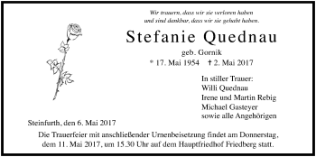 Traueranzeige von Stefanie Quednau von Wetterauer Zeitung, Wetterauer Zeitung