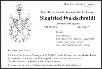 Traueranzeige von Siegfried Waldschmidt von Giessener Allgemeine, Alsfelder Allgemeine