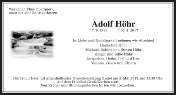 Traueranzeige von Adolf Höhr von Wetterauer Zeitung, Wetterauer Zeitung