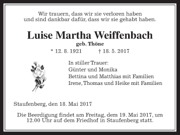 Traueranzeige von Luise Martha Weiffenbach von Giessener Allgemeine, Alsfelder Allgemeine