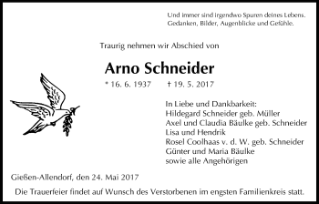 Traueranzeige von Arno Schneider von Giessener Allgemeine, Alsfelder Allgemeine