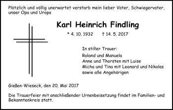Traueranzeige von Karl Heinrich Findling von Giessener Allgemeine, Alsfelder Allgemeine