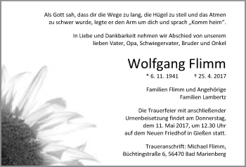 Traueranzeige von Wolfgang Flimm von Giessener Allgemeine, Alsfelder Allgemeine