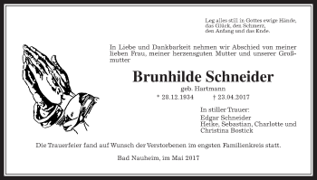 Traueranzeige von Brunhilde Schneider von Wetterauer Zeitung, Wetterauer Zeitung