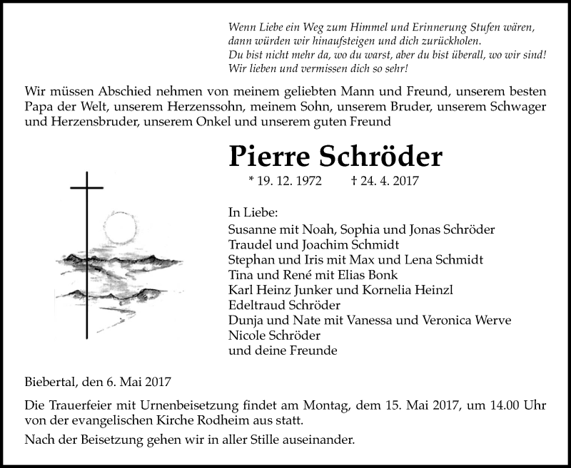  Traueranzeige für Pierre Schröder vom 06.05.2017 aus Giessener Allgemeine, Alsfelder Allgemeine