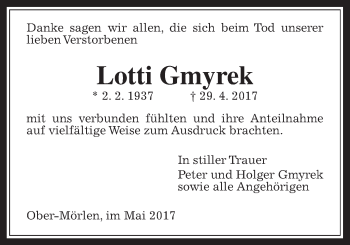 Traueranzeige von Lotti Gmyrek von Wetterauer Zeitung, Wetterauer Zeitung