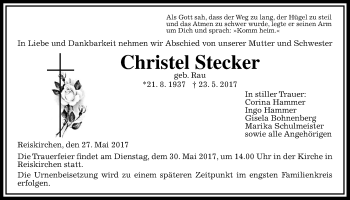 Traueranzeige von Christel Stecker von Giessener Allgemeine, Alsfelder Allgemeine