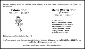 Traueranzeige von Marie Dörr von Giessener Allgemeine, Alsfelder Allgemeine, Wetterauer Zeitung, Wetterauer Zeitung