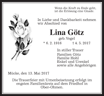 Traueranzeige von Lina Götz von Alsfelder Allgemeine