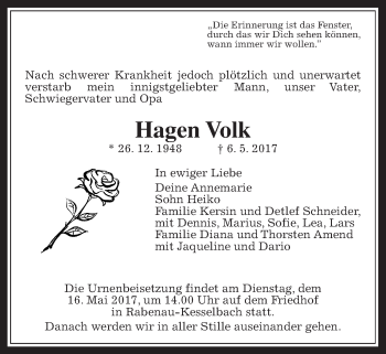 Traueranzeige von Hagen Volk von Giessener Allgemeine, Alsfelder Allgemeine