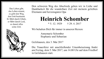 Traueranzeige von Heinrich Schomber von Giessener Allgemeine, Alsfelder Allgemeine